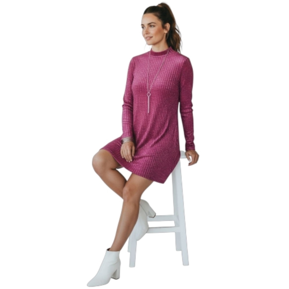 Urban Outfitters Womens longsleeve metallic Silver ribbed mini sweater dress NWT